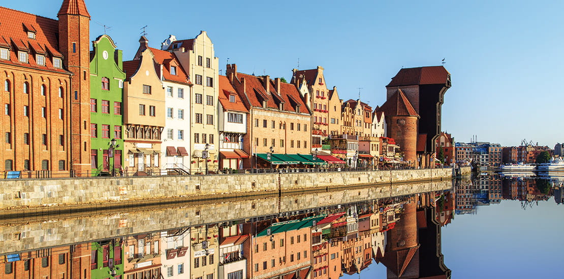 Medieval buidlings on the banks of the Motiawa river in Gdansk, Poland